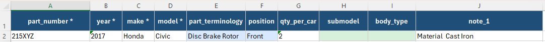 Spreadsheet showing 1 clean row for part 215XYZ with Submodel and Body Type left blank